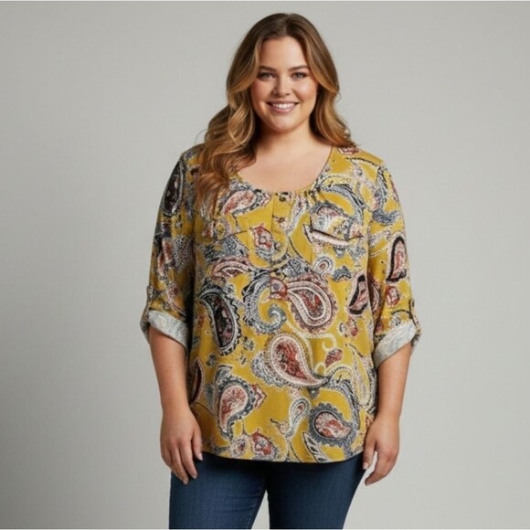 PerSeption Concept Tops - PerSeption Concept Women's Yellow Paisley Print Roll Tab 3/4 Sleeve Blouse Sz XL